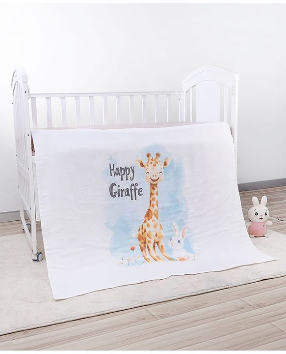 Babyhug 100% Pure Cotton Four Layer Baby Blanket  Giraffe Print Super Soft & Absorbent Lightweight Breathable Quilt (320g) Gentle on Baby Skin 024 Months -White