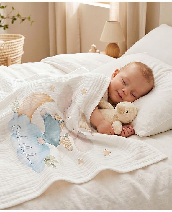 Babyhug 100% Pure Cotton Six Layer Baby Blanket Elephant Print  Super Soft & Absorbent Cotton Bamboo Blend Quilt Lightweight Breathable Gentle on Baby Skin 024 Months 520 g - White