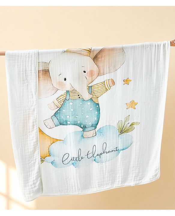 Babyhug 100% Pure Cotton Six Layer Baby Blanket Elephant Print  Super Soft & Absorbent Cotton Bamboo Blend Quilt Lightweight Breathable Gentle on Baby Skin 024 Months 520 g - White