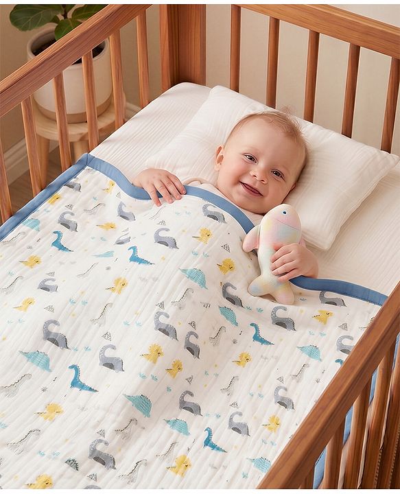 Babyhug 6 Layer Muslin Baby Blanket with Contrast Wide Edge Dinosaur Print - Blue | Absorbent Soft & Breathable| AllSeason Blanket| NewBorn Gifting| Bath Towel, Wrapper, Feeding Towel| Machine Washable