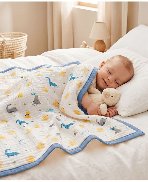 Babyhug 6 Layer Muslin Baby Blanket with Contrast Wide Edge Dinosaur Print - Blue | Absorbent Soft & Breathable| AllSeason Blanket| NewBorn Gifting| Bath Towel, Wrapper, Feeding Towel| Machine Washable