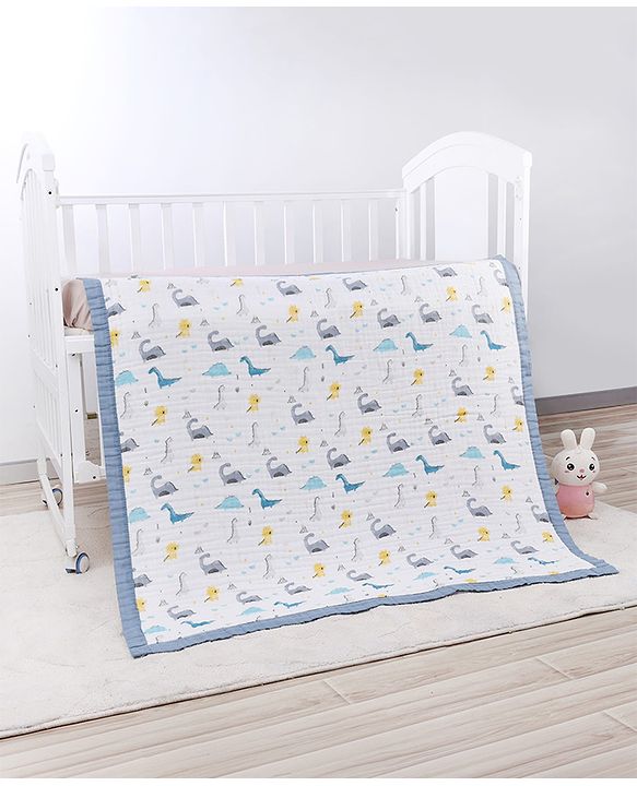 Babyhug 6 Layer Muslin Baby Blanket with Contrast Wide Edge Dinosaur Print - Blue | Absorbent Soft & Breathable| AllSeason Blanket| NewBorn Gifting| Bath Towel, Wrapper, Feeding Towel| Machine Washable