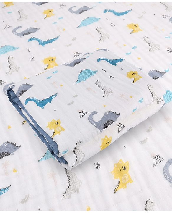 Babyhug 6 Layer Muslin Baby Blanket with Contrast Wide Edge Dinosaur Print - Blue | Absorbent Soft & Breathable| AllSeason Blanket| NewBorn Gifting| Bath Towel, Wrapper, Feeding Towel| Machine Washable