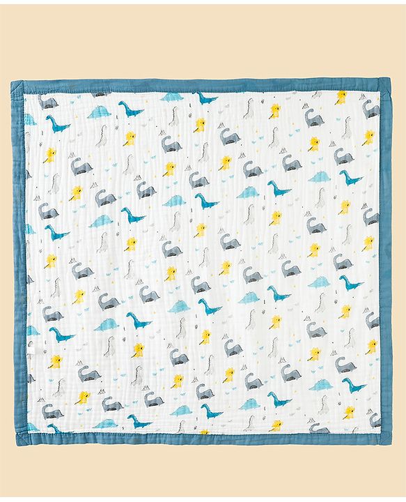Babyhug 6 Layer Muslin Baby Blanket with Contrast Wide Edge Dinosaur Print - Blue | Absorbent Soft & Breathable| AllSeason Blanket| NewBorn Gifting| Bath Towel, Wrapper, Feeding Towel| Machine Washable