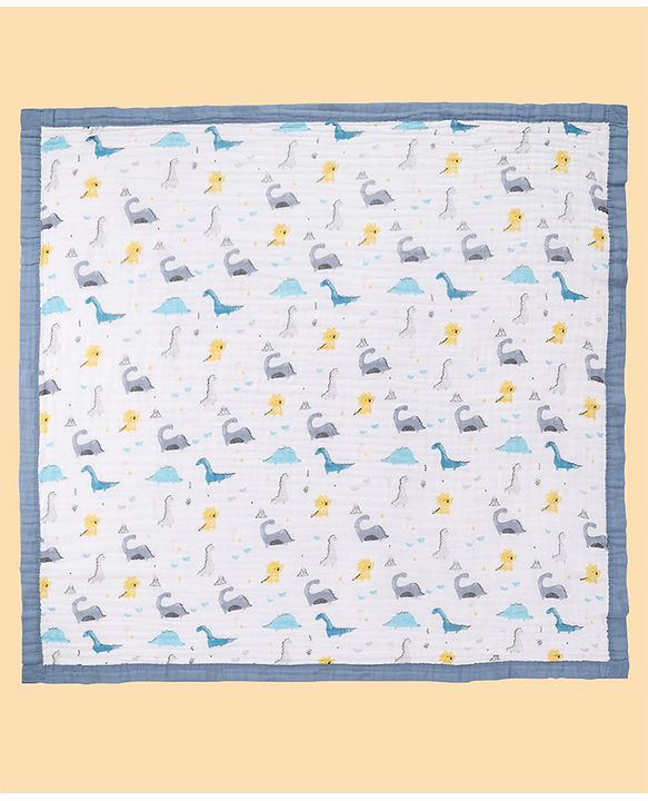 Babyhug 6 Layer Muslin Baby Blanket with Contrast Wide Edge Dinosaur Print - Blue | Absorbent Soft & Breathable| AllSeason Blanket| NewBorn Gifting| Bath Towel, Wrapper, Feeding Towel| Machine Washable