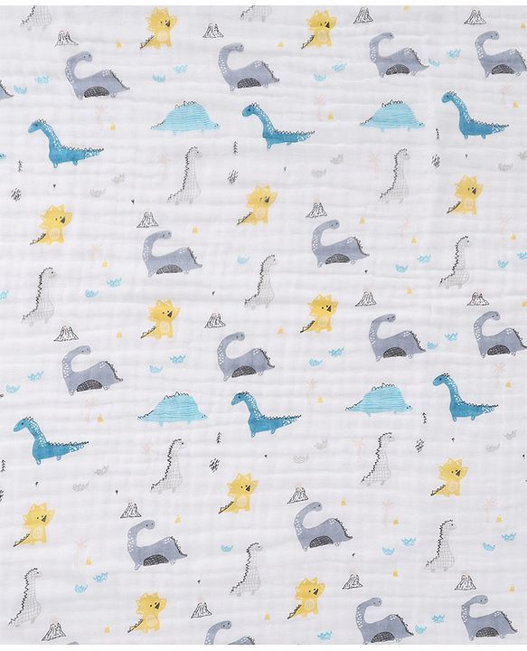 Babyhug 6 Layer Muslin Baby Blanket with Contrast Wide Edge Dinosaur Print - Blue | Absorbent Soft & Breathable| AllSeason Blanket| NewBorn Gifting| Bath Towel, Wrapper, Feeding Towel| Machine Washable