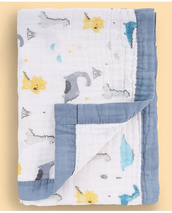 Babyhug 6 Layer Muslin Baby Blanket with Contrast Wide Edge Dinosaur Print - Blue | Absorbent Soft & Breathable| AllSeason Blanket| NewBorn Gifting| Bath Towel, Wrapper, Feeding Towel| Machine Washable
