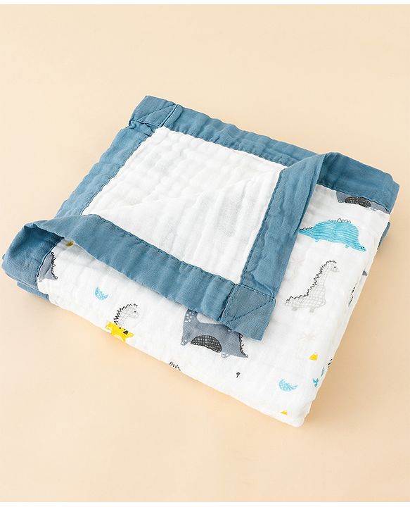 Babyhug 6 Layer Muslin Baby Blanket with Contrast Wide Edge Dinosaur Print - Blue | Absorbent Soft & Breathable| AllSeason Blanket| NewBorn Gifting| Bath Towel, Wrapper, Feeding Towel| Machine Washable