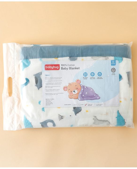 Babyhug 6 Layer Muslin Baby Blanket with Contrast Wide Edge Dinosaur Print - Blue | Absorbent Soft & Breathable| AllSeason Blanket| NewBorn Gifting| Bath Towel, Wrapper, Feeding Towel| Machine Washable