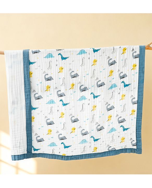 Babyhug 6 Layer Muslin Baby Blanket with Contrast Wide Edge Dinosaur Print - Blue | Absorbent Soft & Breathable| AllSeason Blanket| NewBorn Gifting| Bath Towel, Wrapper, Feeding Towel| Machine Washable