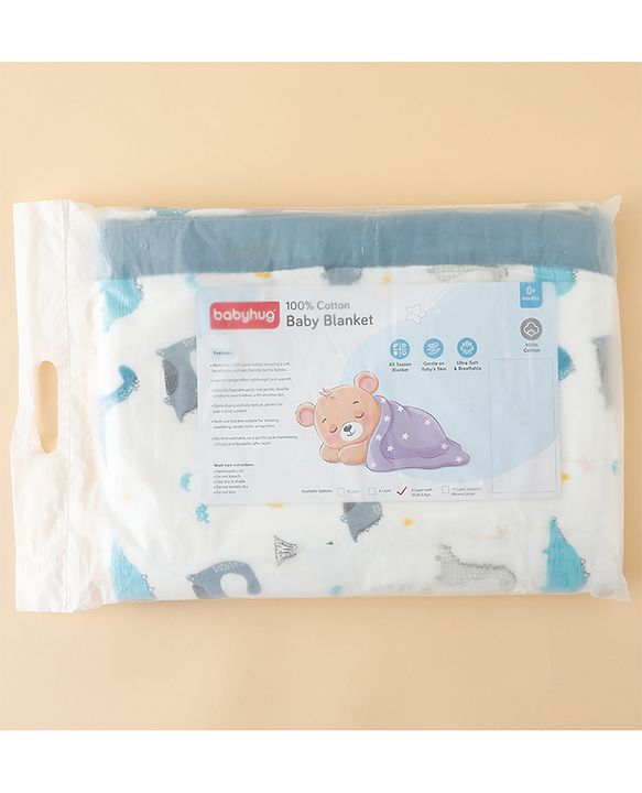 Babyhug 6 Layer Muslin Baby Blanket with Contrast Wide Edge Dinosaur Print - Blue | Absorbent Soft & Breathable| AllSeason Blanket| NewBorn Gifting| Bath Towel, Wrapper, Feeding Towel| Machine Washable