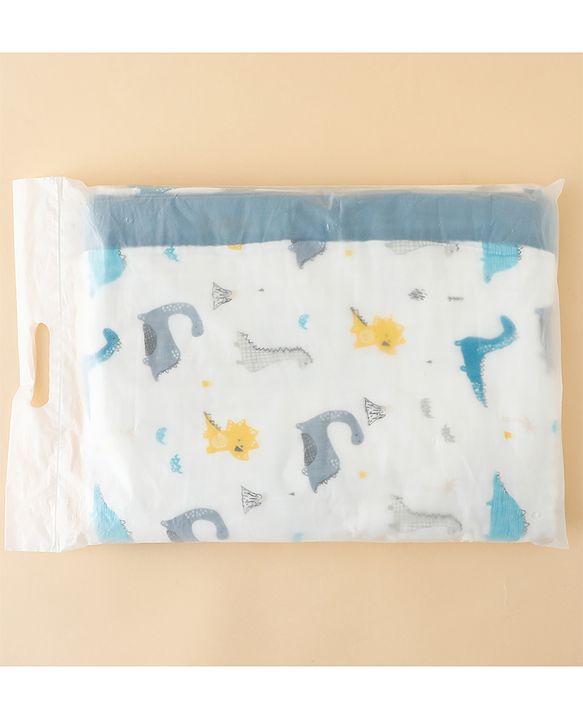 Babyhug 6 Layer Muslin Baby Blanket with Contrast Wide Edge Dinosaur Print - Blue | Absorbent Soft & Breathable| AllSeason Blanket| NewBorn Gifting| Bath Towel, Wrapper, Feeding Towel| Machine Washable