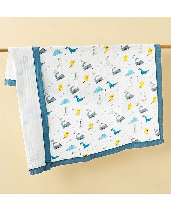 Babyhug 6 Layer Muslin Baby Blanket with Contrast Wide Edge Dinosaur Print - Blue | Absorbent Soft & Breathable| AllSeason Blanket| NewBorn Gifting| Bath Towel, Wrapper, Feeding Towel| Machine Washable