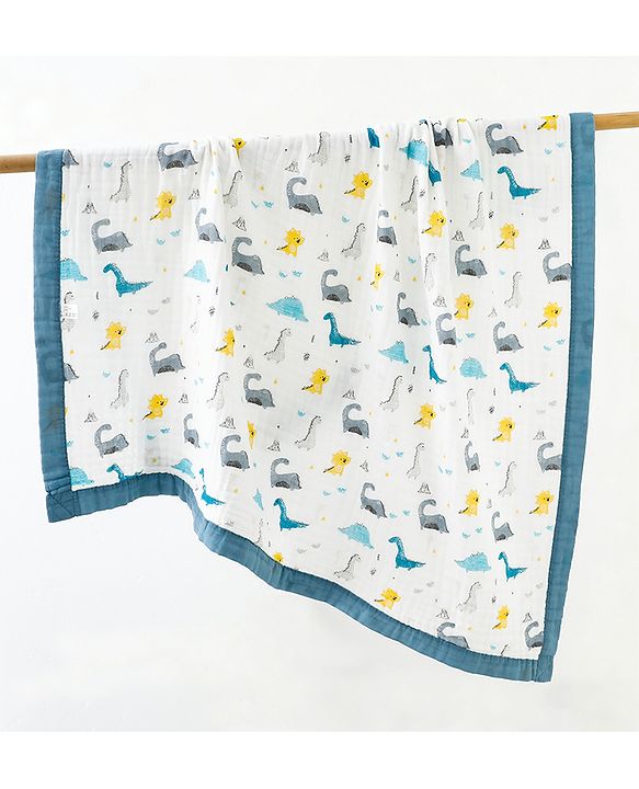 Babyhug 6 Layer Muslin Baby Blanket with Contrast Wide Edge Dinosaur Print - Blue | Absorbent Soft & Breathable| AllSeason Blanket| NewBorn Gifting| Bath Towel, Wrapper, Feeding Towel| Machine Washable
