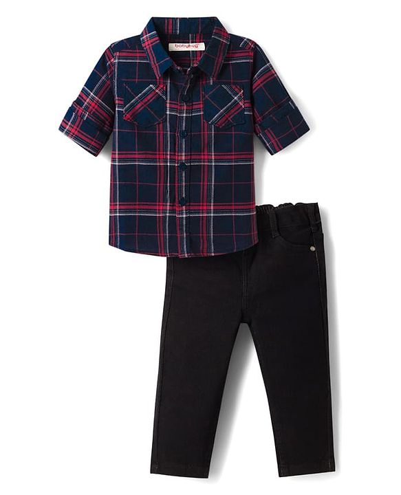 Babyhug Cotton Woven Full Sleeves Checkered Shirt & Denim Jeans Set - Black