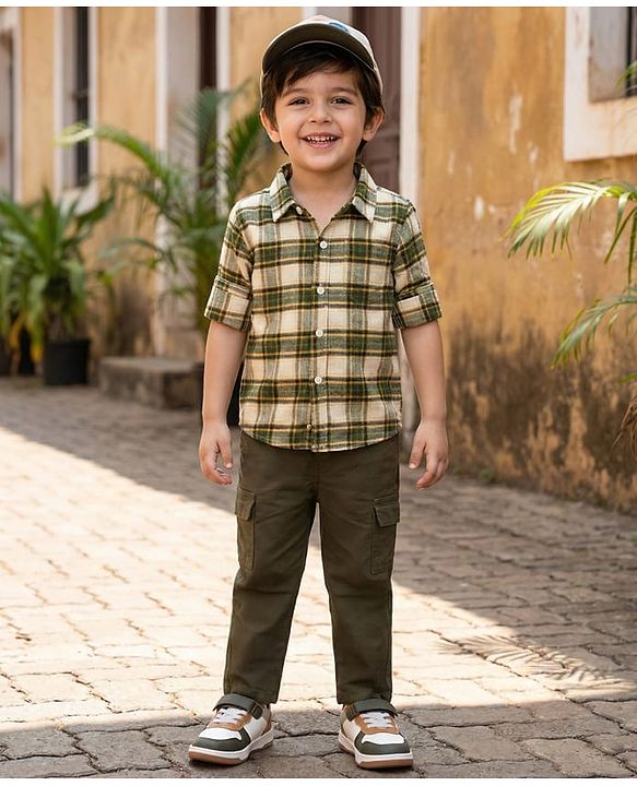 Babyhug Cotton Woven Full Sleeves Checkered Shirt & Trouser Set - Olive Green