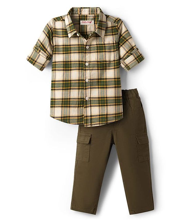 Babyhug Cotton Woven Full Sleeves Checkered Shirt & Trouser Set - Olive Green