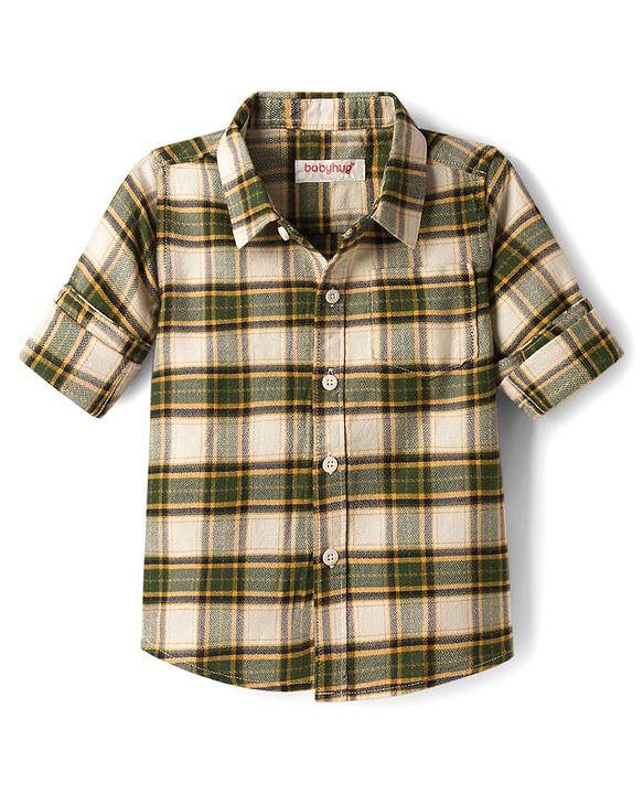 Babyhug Cotton Woven Full Sleeves Checkered Shirt & Trouser Set - Olive Green