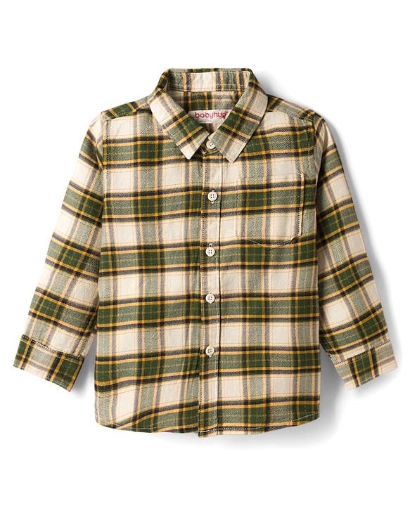 Babyhug Cotton Woven Full Sleeves Checkered Shirt & Trouser Set - Olive Green