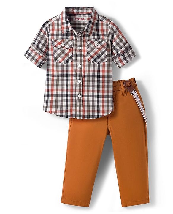 Babyhug Cotton Woven Full Sleeves Checkered Shirt & Trouser Set with Suspender - Mustard