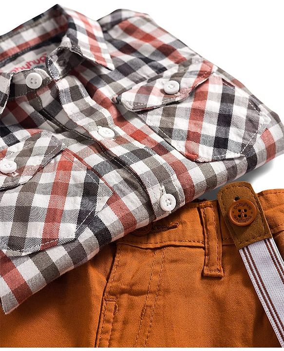 Babyhug Cotton Woven Full Sleeves Checkered Shirt & Trouser Set with Suspender - Mustard