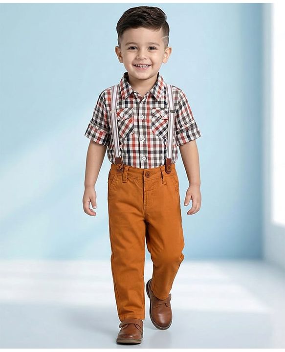 Babyhug Cotton Woven Full Sleeves Checkered Shirt & Trouser Set with Suspender - Mustard