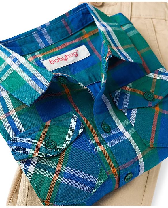 Babyhug Cotton Woven Full Sleeves Checkered Shirt & Trouser Set - Blue & Beige