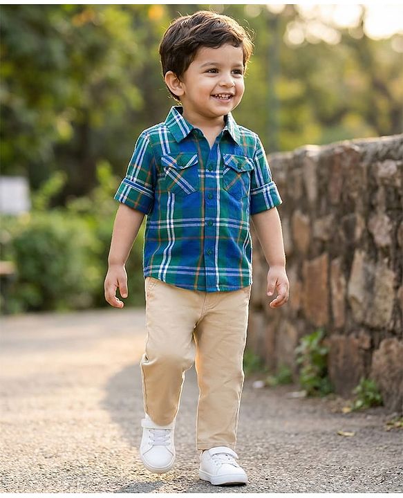 Babyhug Cotton Woven Full Sleeves Checkered Shirt & Trouser Set - Blue & Beige