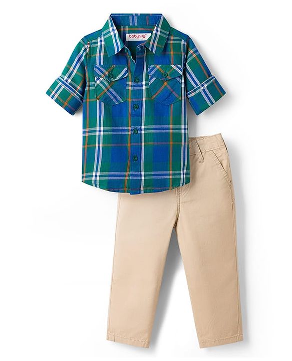 Babyhug Cotton Woven Full Sleeves Checkered Shirt & Trouser Set - Blue & Beige