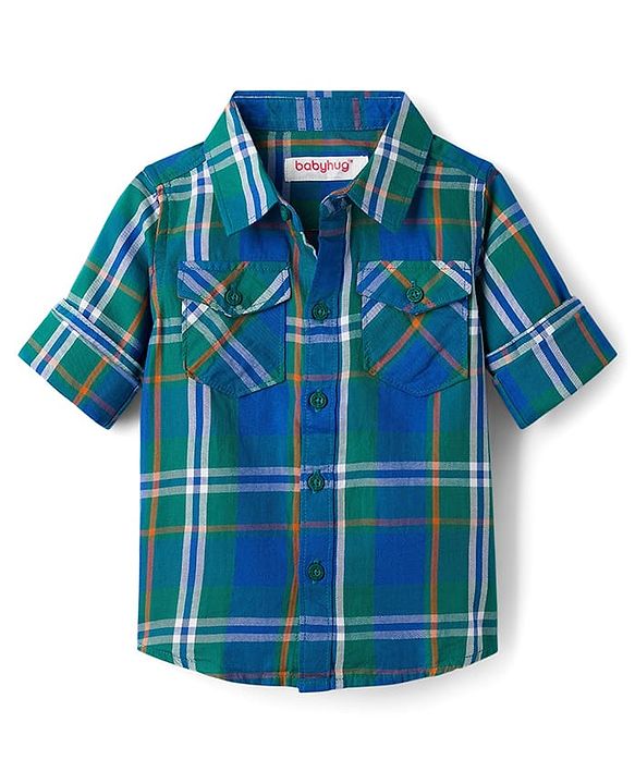 Babyhug Cotton Woven Full Sleeves Checkered Shirt & Trouser Set - Blue & Beige