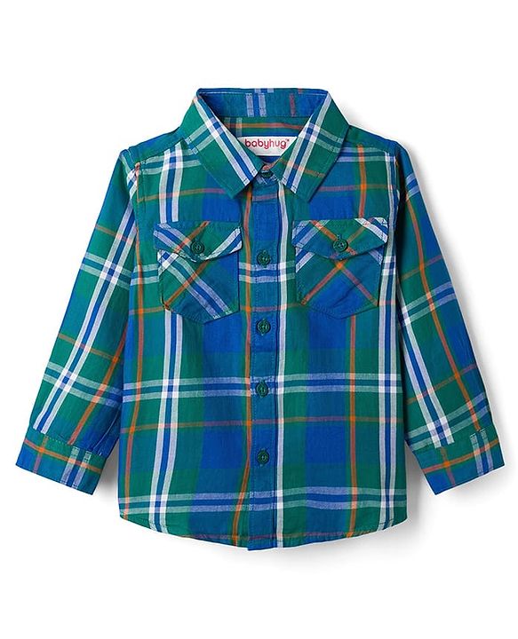 Babyhug Cotton Woven Full Sleeves Checkered Shirt & Trouser Set - Blue & Beige