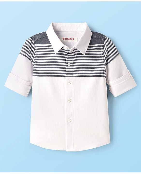 Babyhug Cotton Woven Full Sleeves Striped Shirt & Denim Jeans Set - Blue & White