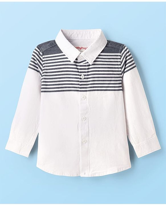 Babyhug Cotton Woven Full Sleeves Striped Shirt & Denim Jeans Set - Blue & White