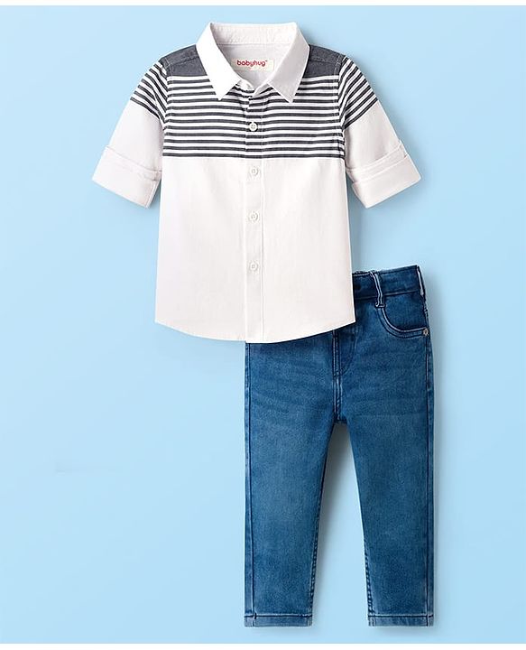 Babyhug Cotton Woven Full Sleeves Striped Shirt & Denim Jeans Set - Blue & White