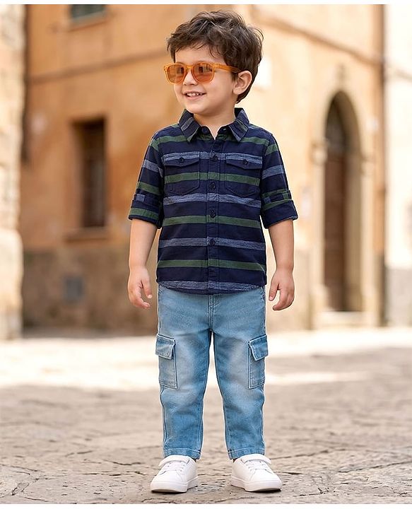 Babyhug Cotton Woven Full Sleeves Striped Shirt & Denim Jeans Set - Navy Blue