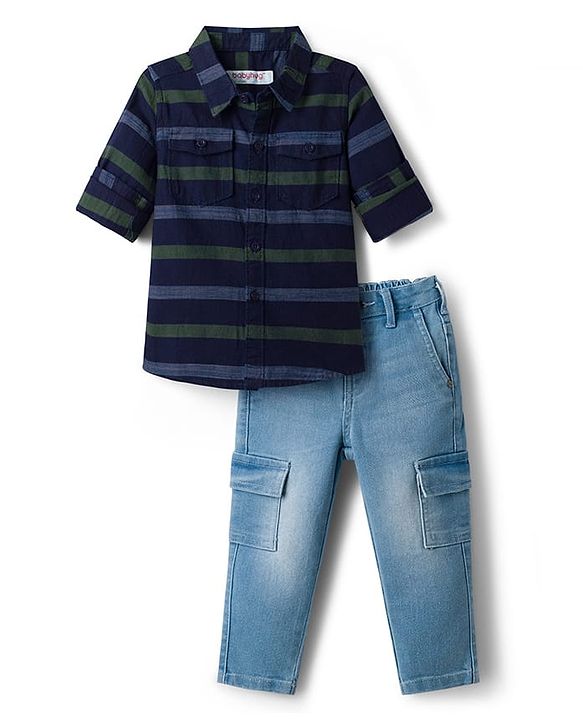 Babyhug Cotton Woven Full Sleeves Striped Shirt & Denim Jeans Set - Navy Blue