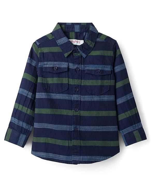 Babyhug Cotton Woven Full Sleeves Striped Shirt & Denim Jeans Set - Navy Blue