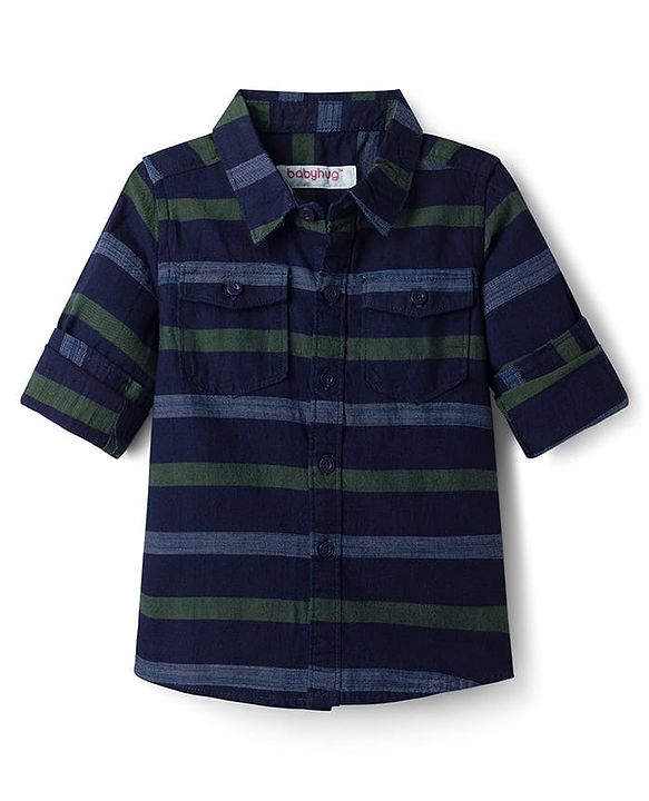 Babyhug Cotton Woven Full Sleeves Striped Shirt & Denim Jeans Set - Navy Blue
