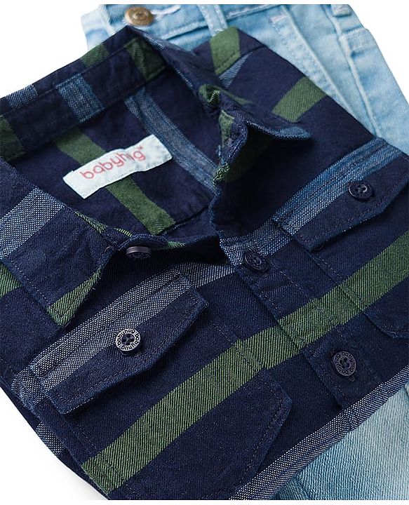 Babyhug Cotton Woven Full Sleeves Striped Shirt & Denim Jeans Set - Navy Blue