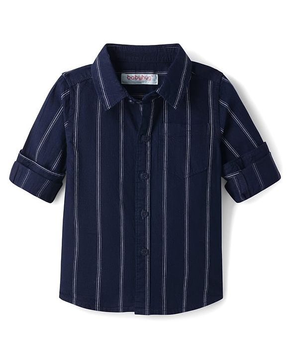Babyhug Cotton Woven Full Sleeves Striped Shirt & Denim Jeans Set - Navy Blue