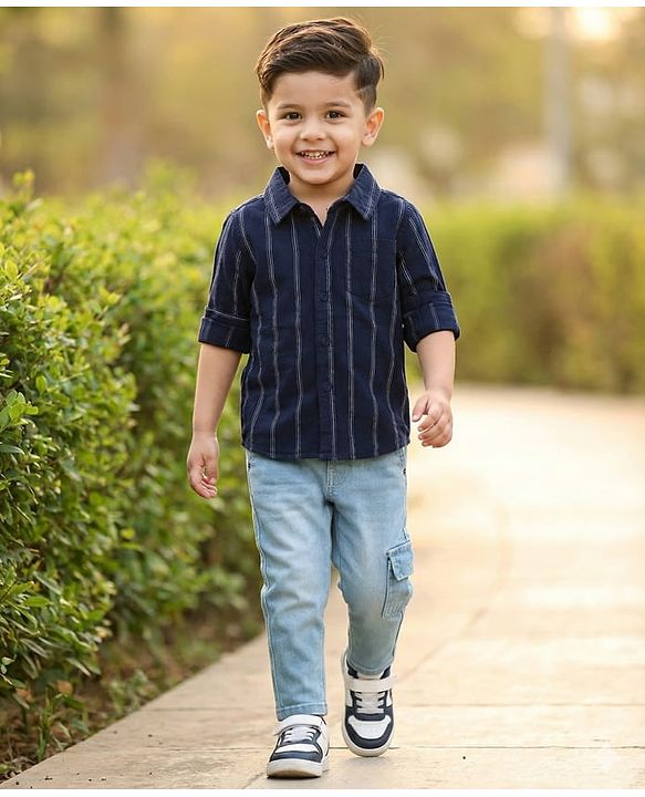 Babyhug Cotton Woven Full Sleeves Striped Shirt & Denim Jeans Set - Navy Blue