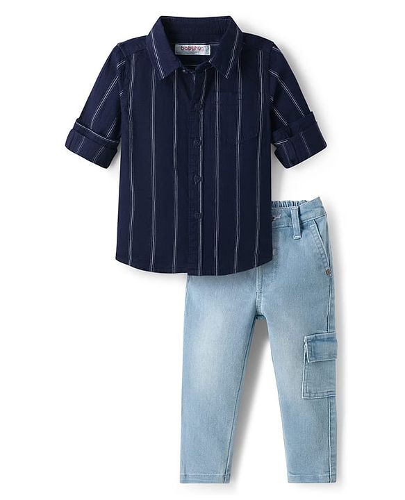 Babyhug Cotton Woven Full Sleeves Striped Shirt & Denim Jeans Set - Navy Blue