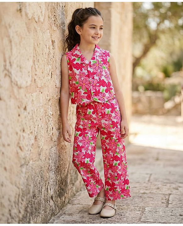 Pine Kids Woven Sleeveless Co-ords Top & Pant Set with Floral Print - Dark Pink