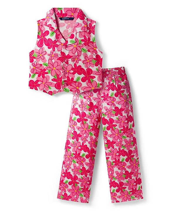 Pine Kids Woven Sleeveless Co-ords Top & Pant Set with Floral Print - Dark Pink
