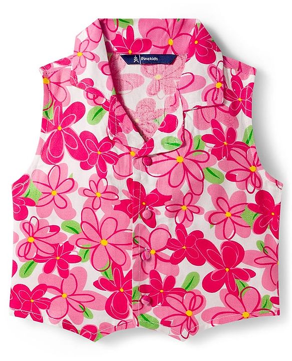 Pine Kids Woven Sleeveless Co-ords Top & Pant Set with Floral Print - Dark Pink