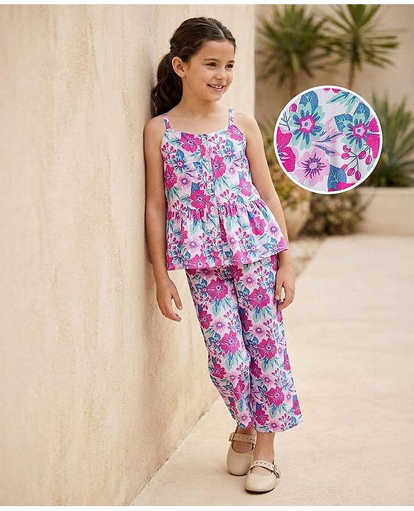 Pine Kids Woven Sleeveless Co-ords Top & Pant Set with Floral Print - Multicolor