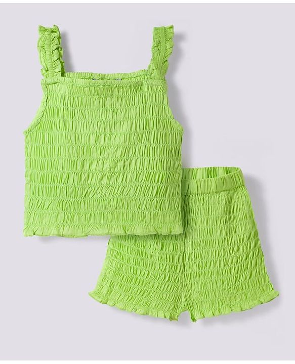 Pine Kids Cotton Woven Sleeveless Solid Color Co-ords Top & Shorts Set - Light Green