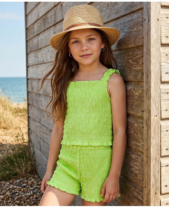 Pine Kids Cotton Woven Sleeveless Solid Color Co-ords Top & Shorts Set - Light Green