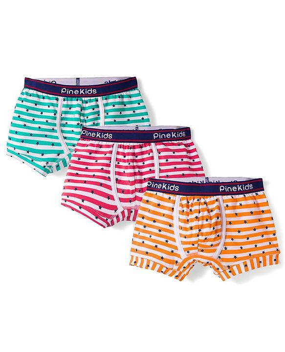 Pine Kids Cotton Elastane Polka Dots Printed & Striped Trunks Pack Of 3 - ( Colour May Vary )