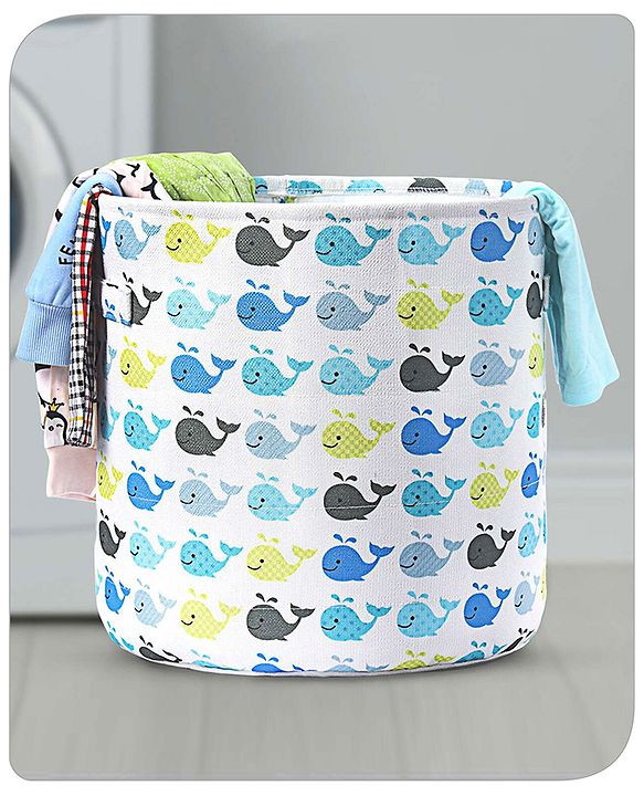 Babyhug Round Canvas Foldable Laundry Bag with Handles Whale Print - White| Storage Basket for Toys & Used Clothes| Washable & Lightweight Organizer for Kids Room